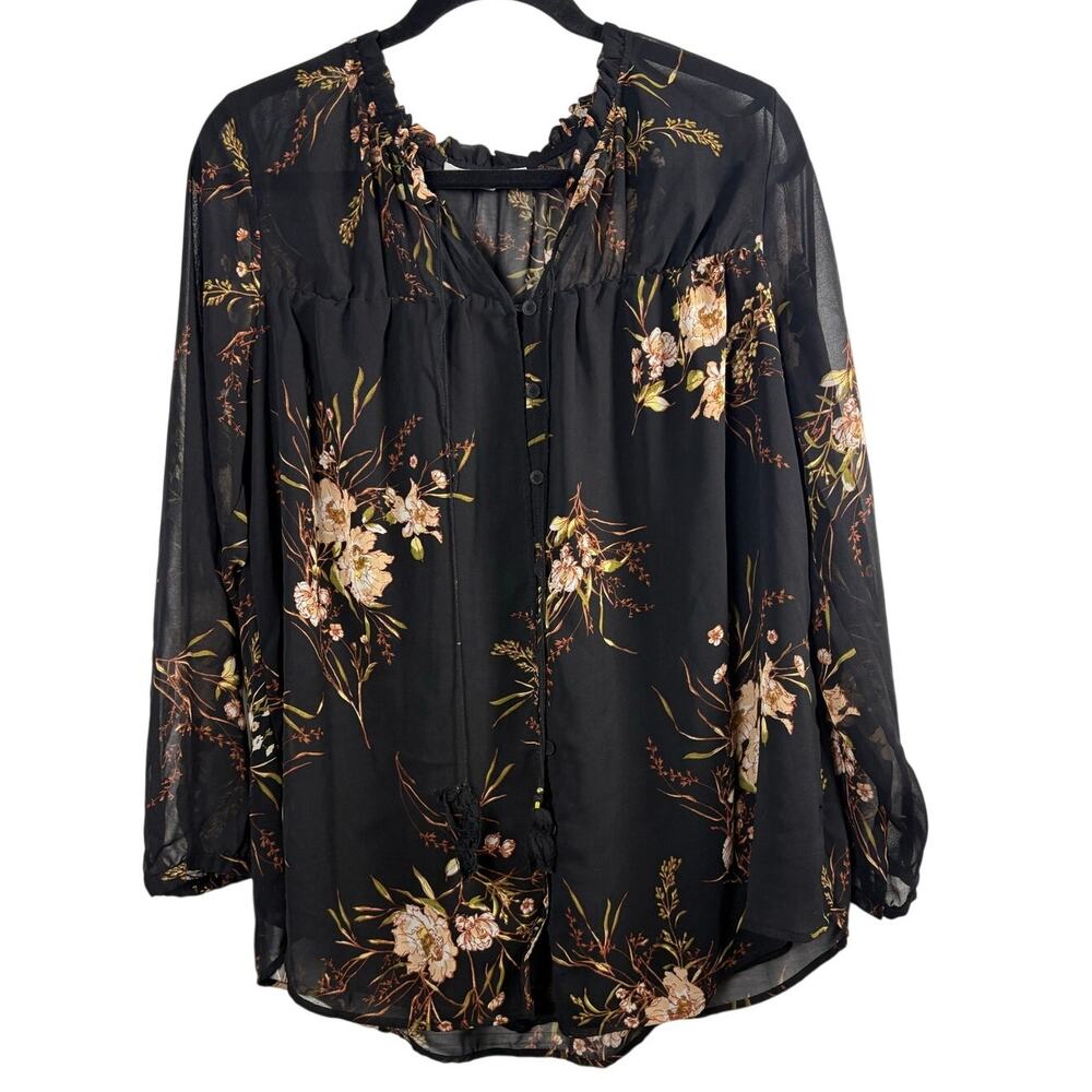 Daniel Rainn Black Floral Sheer Chiffon Blouse Boho V-Neck Tassel Plus Size 1X